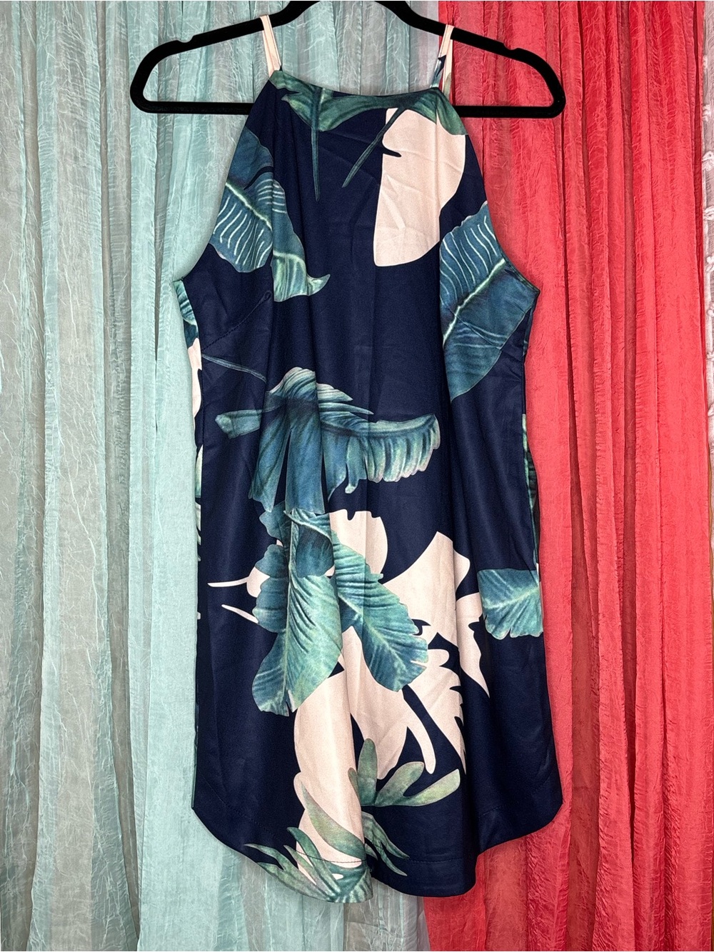 Navy Tropical Print Halter Shift Dress